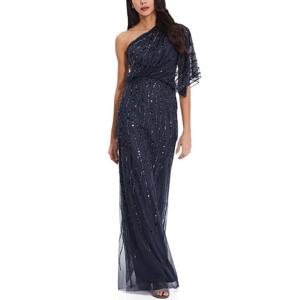 Adrianna Papell Long One Shoulder Beaded Dress